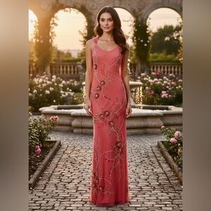 Elegant Coral hand beaded brand new Attitudes by‎ Debra Evening Gown